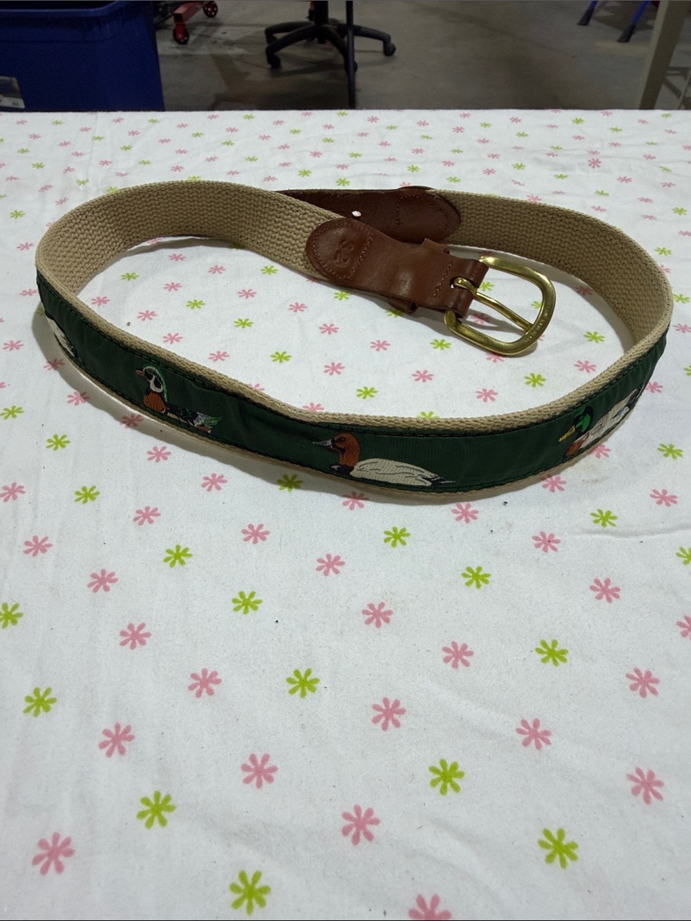 Duck-Embroidered Green Canvas & Leather Belt with Brass Buckle